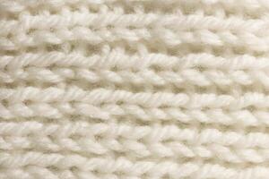 Warm White Wool Knitting Texture. Horizontal Along Weaving Crochet Detailed Rows. Sweater Textile Background. Macro Closeup. photo