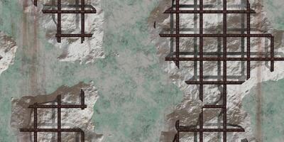 Seamless damaged concrete with rusty rebar textures. Broken stone wall with rust fittings and green moss background. photo