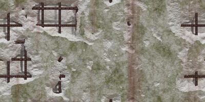 Seamless damaged concrete with rusty rebar textures. Broken stone wall with rust fittings and green moss background. photo