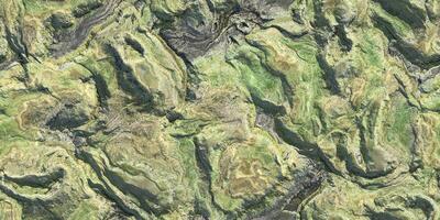 Green grass 3D geography mountain district map atop background. Hills field landform from above view backdrop. Landscape topography top view texture. photo