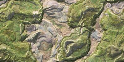 Green landscape topography top view texture. 3D geography mountain district map atop background. Hills field landform from above view backdrop. photo