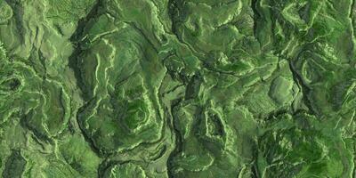 Landscape green grass topography top view texture. 3D geography mountain district map atop background. Hills field landform from above view backdrop. photo