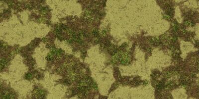 Summer green desert with mossy cracks seamless surface. Hot grunge weather climate pattern. Cracked ground with moss texture. Dry land with grass background. Ecology terrain backdrop. photo