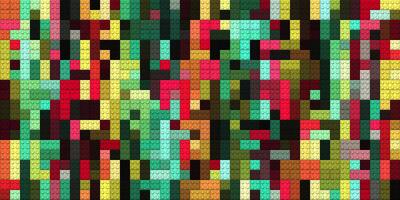 Turquoise green red pink colorful brick block toys pattern. Happy creative child puzzle surface design. photo