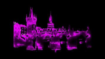 Neon frame effect Charles Bridge, a historic bridge that crosses the Vltava river in Prague, Czech Republic, glow, black background. video
