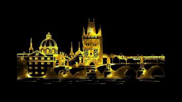 Neon frame effect Charles Bridge, a historic bridge that crosses the Vltava river in Prague, Czech Republic, glow, black background. video