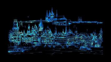 Neon frame effect skyline of Prague, known as the City of a Hundred Spires, glow, black background. video