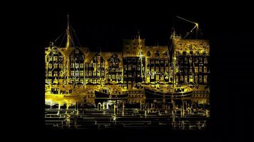 Neon frame effect Nyhavn district in Copenhagen, Denmark, glow, black background. video