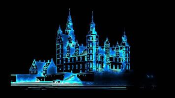 Neon frame effect Kronborg Castle, one of Denmark's most famous castles, glow, black background. video
