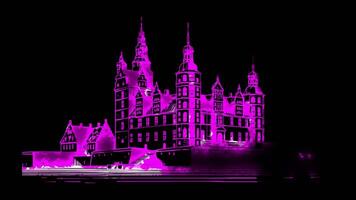 Neon frame effect Kronborg Castle, one of Denmark's most famous castles, glow, black background. video