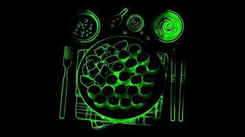 Neon frame effect Frikadeller , traditional Danish meatballs known for their unique blend of minced meat, glow, black background. video