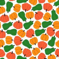 Hand drawn cute seamless pattern with little colorful pumpkins. Flat Thanksgiving simple print in doodle style. Autumn harvest. Repeated ripe farm vegetable background, wrapping or wallpaper. vector