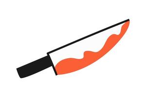 Hand drawn cute cartoon illustration of little bloody knife. Flat Halloween murder weapon sticker in simple colored doodle style. Kitchen item icon or print. Isolated on white background. vector