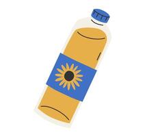 Hand drawn cute cartoon illustration of oil bottle. Flat sunflower oil in plastic packaging in colored doodle style. Vegetable fat product icon or print. Isolated on background. vector