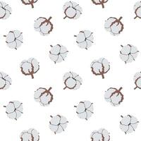 Hand drawn cute cartoon floral seamless pattern with cotton branch. Flat flower concept in colored doodle style. Repeated background botanical, twig wrapping, wallpaper or print design. vector