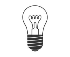 Hand drawn outline illustration of incandescent lamp, glowing light bulb. Flat good idea or answer concept in line art doodle style. Non eco friendly device sticker, icon or print. Isolated vector