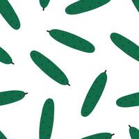 Hand drawn cute cartoon seamless pattern with green cucumber or vegetable marrow. Flat garden harvest print in colorful doodle style. Repeated background with vegetable, wrapping or wallpaper. vector