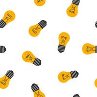 Hand drawn cute seamless pattern with incandescent lamp. Flat glowing light bulb print design in colorful doodle style. Repeated background with non eco friendly device, wrapping or wallpaper. vector