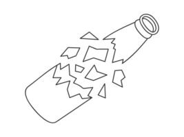 Hand drawn cute illustration of outline broken glass bottle. Flat fragments with sharp edges, environmental pollution design in line art doodle style. Ecology sticker, icon or print. Isolated. vector