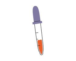 Hand drawn cute illustration of pipette with blood. Flat laboratory equipment in simple colored doodle style. Blood test, dropper, medicine sticker, icon or print. Isolated on white background vector