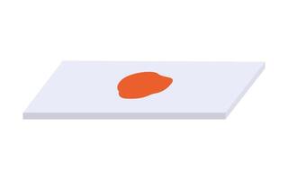 Hand drawn cute illustration drop of blood on a glass slide. Flat laboratory microscope slide in simple colored doodle style. Blood test, medicine sticker, icon. Isolated on white background. vector