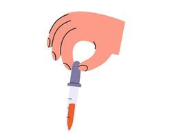 Hand drawn cute illustration of hand with dropper. Flat laboratory equipment in simple colored doodle style. Medicine, blood test sticker, icon or print. Isolated on white background. vector