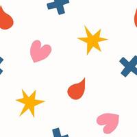 Hand drawn cute naive seamless pattern with drops, heart, stars and cross shapes. Flat medicine blood donation print design in quirky doodle style. Repeated background, wrapping or wallpaper. vector