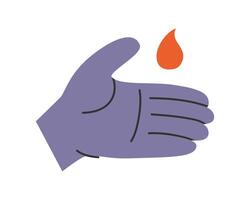 Hand drawn cute illustration of hand with blood drop. Flat transfusion and blood donation in simple colored doodle style. Medicine, lab sticker, icon or print. Isolated on white background. vector