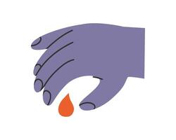 Hand drawn cute illustration of hand with blood drop. Flat transfusion and blood donation in simple colored doodle style. Medicine, lab sticker, icon or print. Isolated on white background. vector