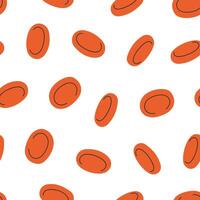 Hand drawn cute seamless pattern with erythrocytes. Flat transfusion and blood donation print design in doodle style. Medicine, menstruation concept. Repeated background, wrapping or wallpaper. vector