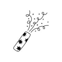 Hand drawn cartoon illustration of outline exploding party popper with confetti. Cute doodle simple petard, firecracker line art. Flat pyrotechnics, festive sticker,icon or print. Isolated. vector