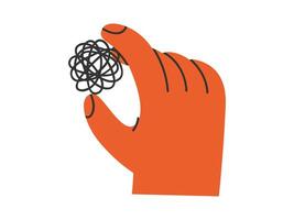 Hand drawn illustration palm with tangled threads. Flat share a problem, help with negative emotions, thoughts concept in doodle style. Find solution, answer sticker, icon or print. Isolated. vector