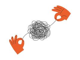 Hand drawn illustration of two hands pull on tangled threads. Flat solve a difficult problem, help with negative emotions concept in doodle style. Solution, answer sticker or print. Isolated. vector