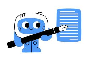Hand drawn cute cartoon illustration of robot holding a pen and creates a message bubble. Flat artificial intelligence generates text in doodle style. Ai chatbot answers questions. Isolated. vector