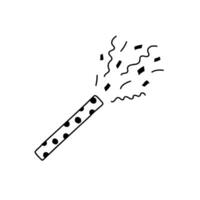 Hand drawn cartoon illustration of outline exploding party popper with confetti. Cute doodle simple petard, firecracker line art. Flat pyrotechnics, festive sticker, icon or print. Isolated. vector