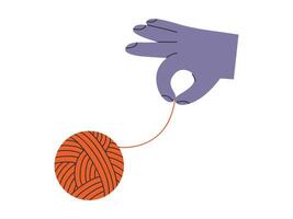 Hand drawn illustration of hand pull on ball of threads. Flat solve a difficult problem, help with negative emotions concept in doodle style. Solution, answer sticker, icon or print. Isolated. vector