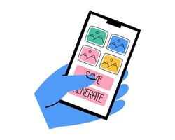 Hand drawn cute illustration of hand with phone. Four image with generate and save button. Flat artificial intelligence generates picture in colored doodle style. Ai sticker, icon. Isolated. vector