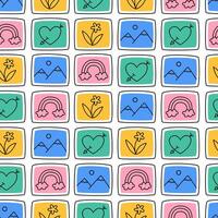 Hand drawn cute seamless pattern with image gallery. Flat photo album print in doodle style. Repeated background with pictures generated by artificial intelligence, wrapping or wallpaper. vector