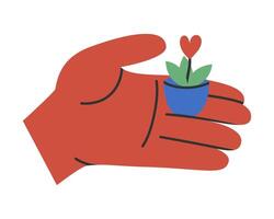 Hand drawn cute illustration of hand holding plant with heart in the pot. Flat giving love and help in doodle style. Ecology, volunteer, Valentine's Day sticker, icon or print. Isolated. vector