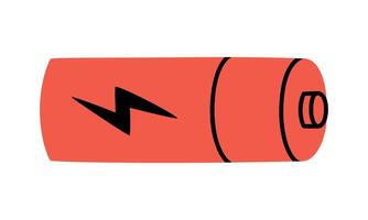 Hand drawn cute illustration of battery with lightning sign. Flat charged accumulator symbol in doodle style. Source of power, electricity sticker, icon. Isolated on white background. vector