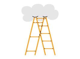 Hand drawn cute illustration of ladder rests on the cloud. Flat way to the sky in colored doodle style. Rise to new level, self-development sticker, icon or print. Isolated on white background. vector