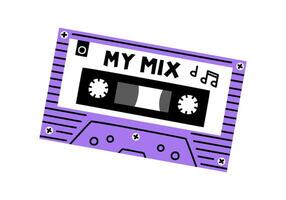 Hand drawn cute cartoon illustration of retro music cassette. Flat old audio tape sticker in simple colored doodle style. Sound record device icon or print. My mix lettering. Isolated. vector