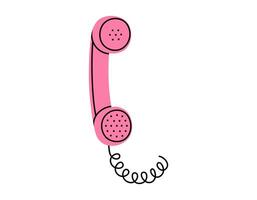 Hand drawn cute cartoon illustration of pink retro phone handset. Flat old telephone with dial sticker in simple colored doodle style. Call device icon or print. Isolated on white background. vector