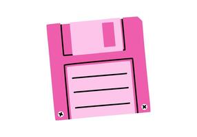 Hand drawn cute cartoon illustration of retro diskette. Flat old floppy disk sticker in simple colored doodle style. Disk for storing data icon or print. Save concept. Isolated. vector