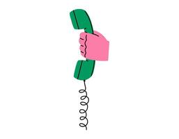 Hand drawn cute cartoon illustration of hand with retro telephone receiver. Flat old phone handset sticker in simple colored doodle style. Making a call icon or print. Isolated. vector