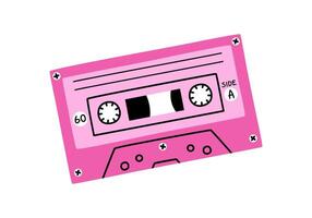 Hand drawn cute cartoon illustration of pink retro music cassette. Flat old audio tape sticker in simple colored doodle style. Sound record device icon or print. Isolated on white background. vector