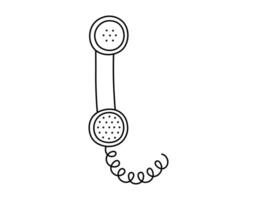 Hand drawn cute outline illustration of retro phone handset. Flat old telephone with dial sticker in simple line art doodle style. Call device line icon or print. Isolated on white background. vector