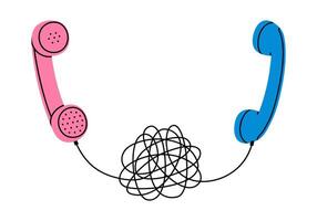 Hand drawn cute illustration of two retro phone handsets connected by tangled wire. Flat old telephone receiver sticker in doodle style. Difficult conversation icon. Misunderstanding. Isolated. vector