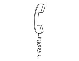 Hand drawn cute outline illustration of retro phone handset. Flat old telephone with dial sticker in simple line art doodle style. Call device line icon or print. Isolated on white background. vector
