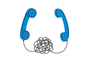 Hand drawn cute illustration of two retro phone handsets connected by tangled wire. Flat old telephone receiver sticker in doodle style. Difficult conversation icon. Misunderstanding. Isolated. vector